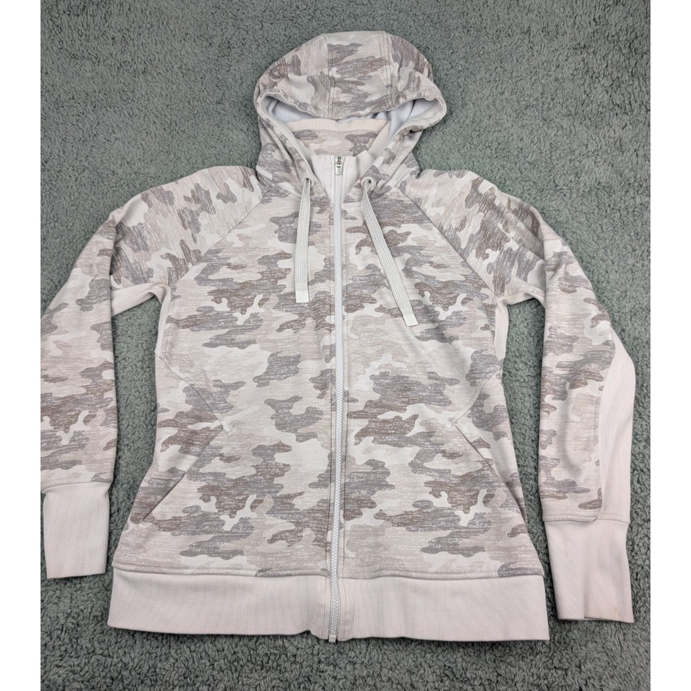 Athleta Triumph Full Zip Printed Hoodie Women's L Jacket Gray Camo *Read